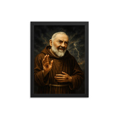 Padre Pio with stigmata and storm sky framed print on a plain backdrop in size 12"x16".