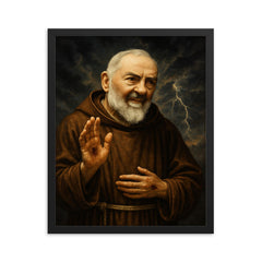 Padre Pio with stigmata and storm sky framed print on a plain backdrop in size 16"x20".