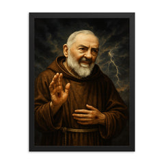 Padre Pio with stigmata and storm sky framed print on a plain backdrop in size 18"x24".