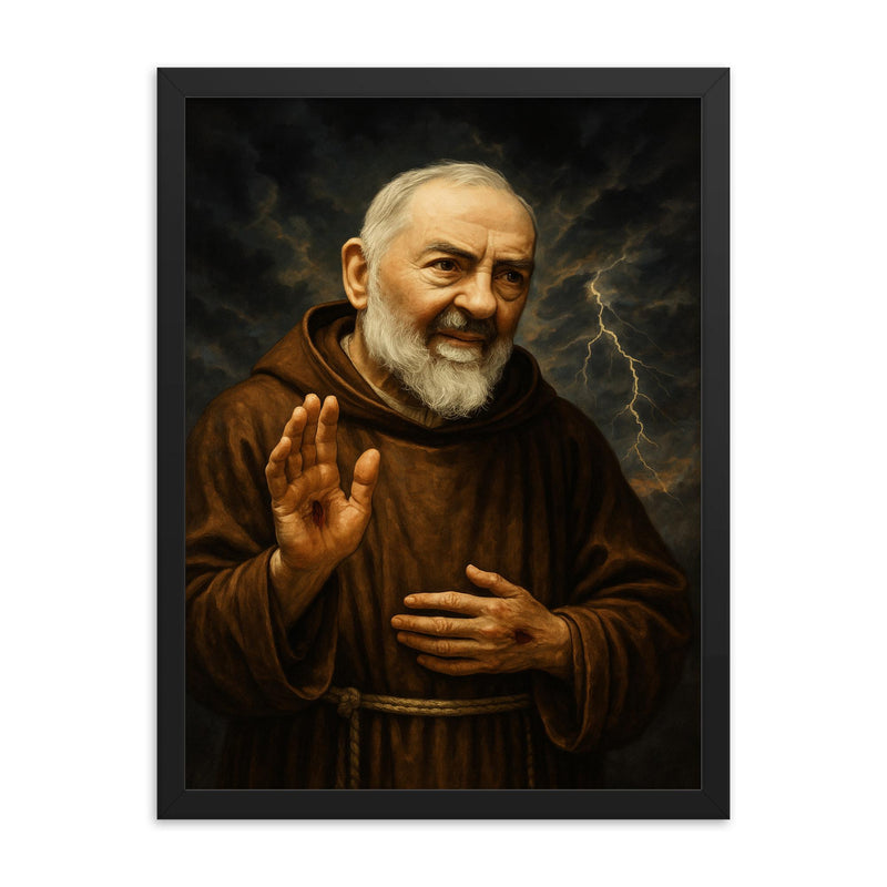 Padre Pio with stigmata and storm sky framed print on a plain backdrop in size 18