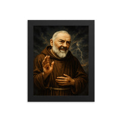 Padre Pio with stigmata and storm sky framed print on a plain backdrop in size 8"x10".