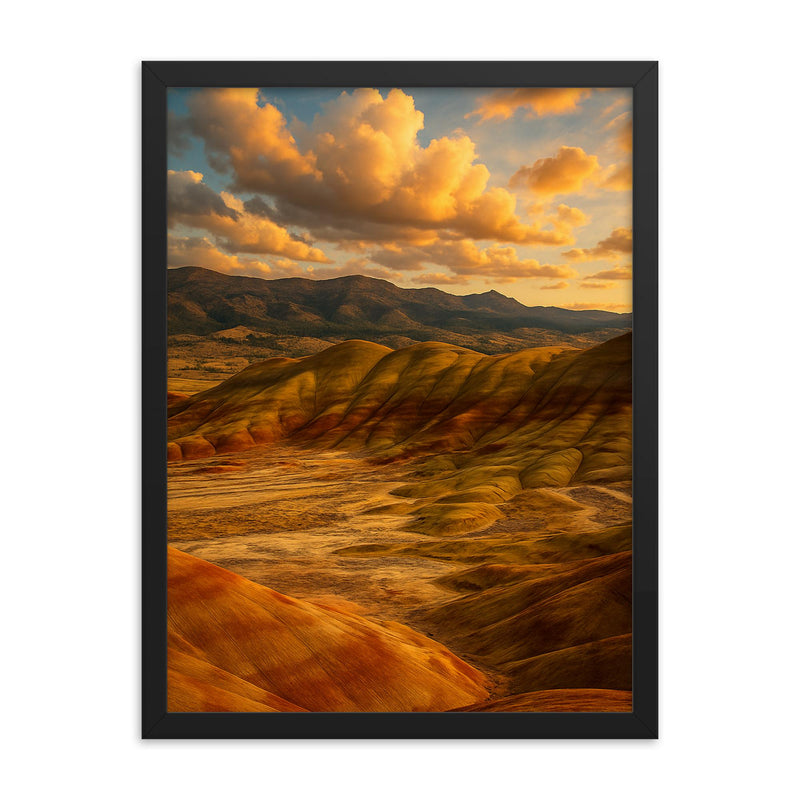 Painted Hills Oregon USA framed print on a plain backdrop in size 18