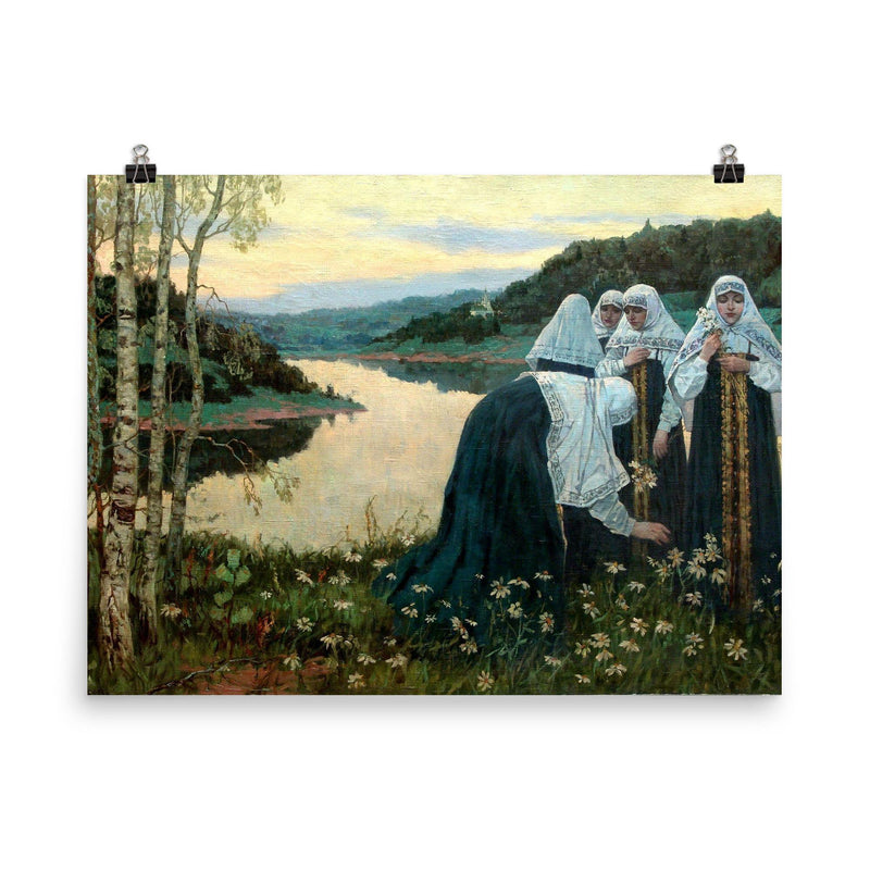 Painting of nuns by Mikhail Nesterov poster on a plain backdrop in size 8