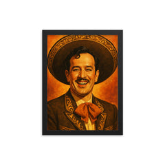 Painting of Pedro Infante smiling framed print on a plain backdrop in size 12"x16".