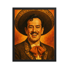 Painting of Pedro Infante smiling framed print on a plain backdrop in size 16"x20".