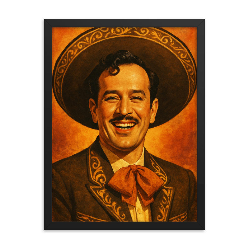 Painting of Pedro Infante smiling framed print on a plain backdrop in size 18