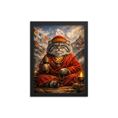 Pallas's cat monk in Himalayan robes framed print on a plain backdrop in size 12"x16".