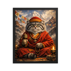 Pallas's cat monk in Himalayan robes framed print on a plain backdrop in size 16"x20".