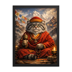 Pallas's cat monk in Himalayan robes framed print on a plain backdrop in size 18"x24".