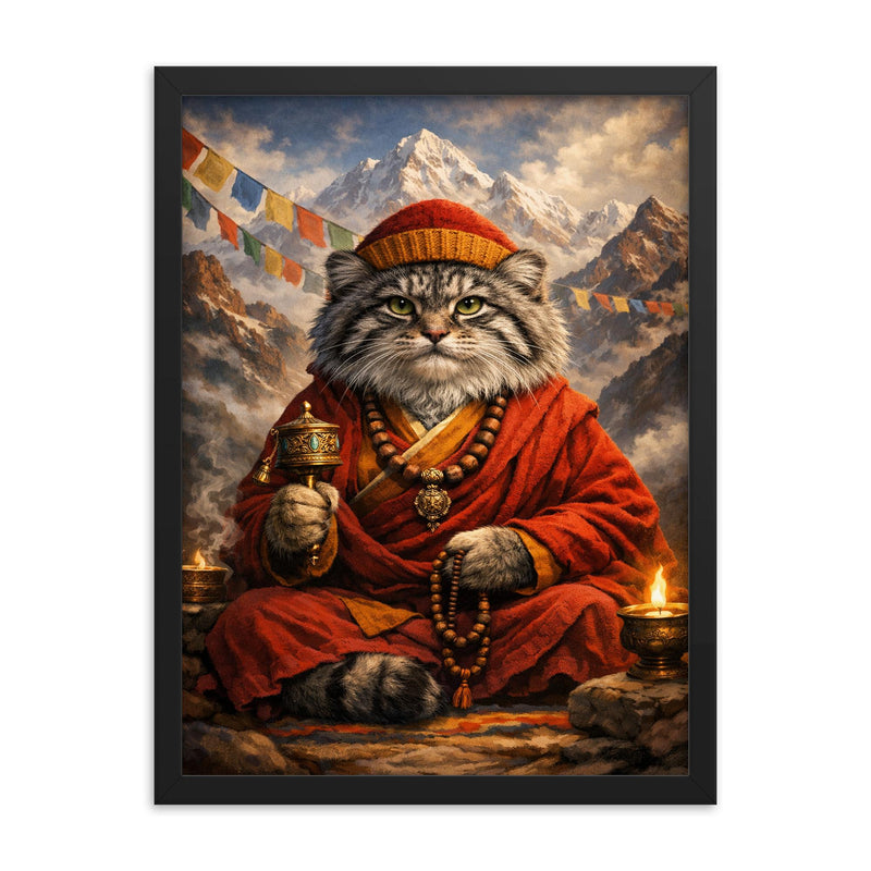 Pallas's cat monk in Himalayan robes framed print on a plain backdrop in size 18