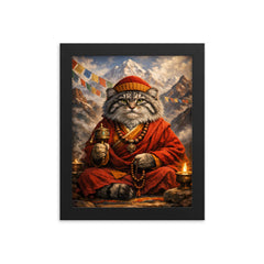 Pallas's cat monk in Himalayan robes framed print on a plain backdrop in size 8"x10".
