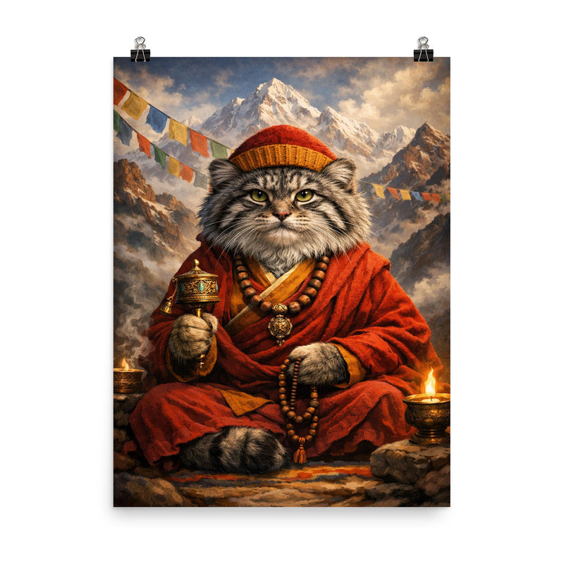 Pallas's cat monk in Himalayan robes poster on a plain backdrop in size 8