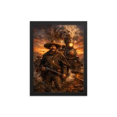 Pancho Villa by locomotive at dusk framed print on a plain backdrop in size 12"x16".