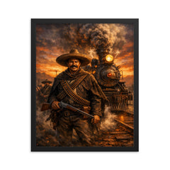 Pancho Villa by locomotive at dusk framed print on a plain backdrop in size 16"x20".