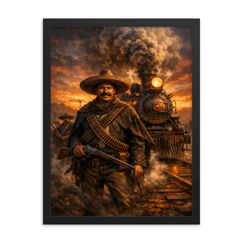 Pancho Villa by locomotive at dusk framed print on a plain backdrop in size 18