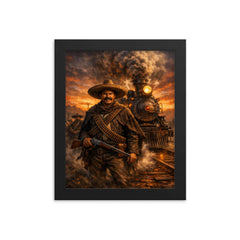 Pancho Villa by locomotive at dusk framed print on a plain backdrop in size 8"x10".