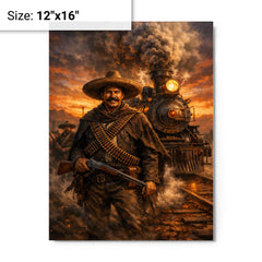 Pancho Villa by locomotive at dusk metal print on a plain backdrop in size 12"x16".