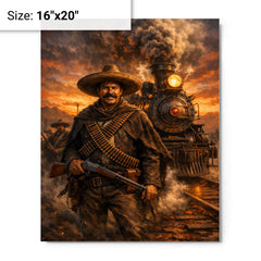 Pancho Villa by locomotive at dusk metal print on a plain backdrop in size 16"x20".