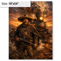 Pancho Villa by locomotive at dusk metal print on a plain backdrop in size 18"x24".