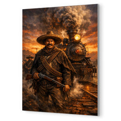 Pancho Villa by locomotive at dusk metal print mockup