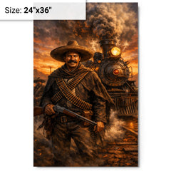 Pancho Villa by locomotive at dusk metal print on a plain backdrop in size 24"x36".