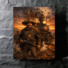 Pancho Villa by locomotive at dusk metal print mockup