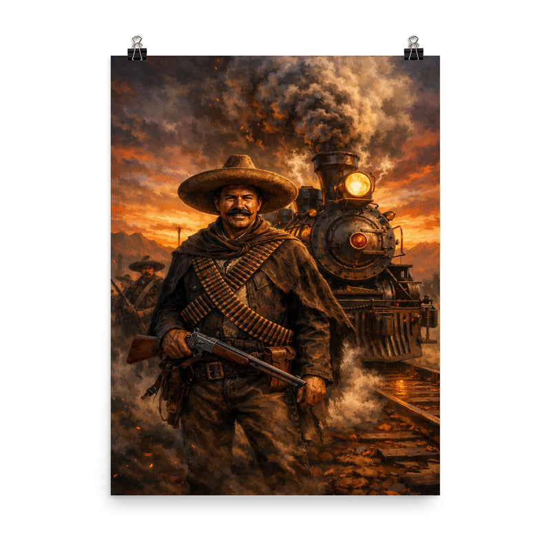 Pancho Villa by locomotive at dusk poster on a plain backdrop in size 8