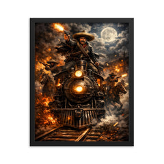 Pancho Villa night raid by locomotive framed print on a plain backdrop in size 16"x20".
