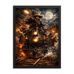 Pancho Villa night raid by locomotive framed print on a plain backdrop in size 18"x24".