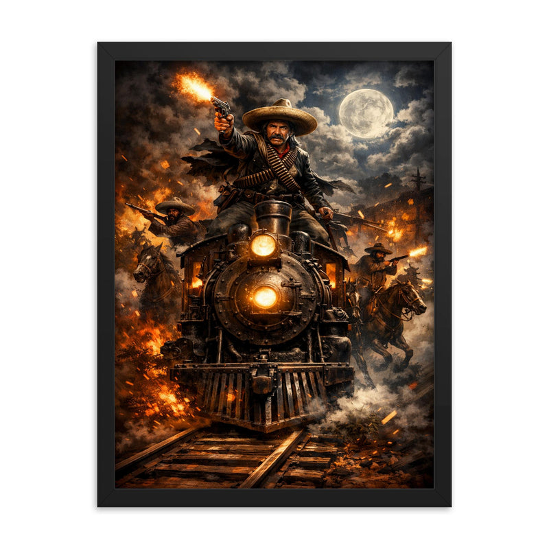 Pancho Villa night raid by locomotive framed print on a plain backdrop in size 18