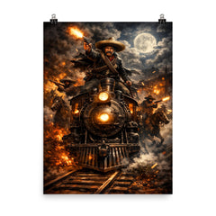 Pancho Villa night raid by locomotive poster on a plain backdrop in size 8"x10".
