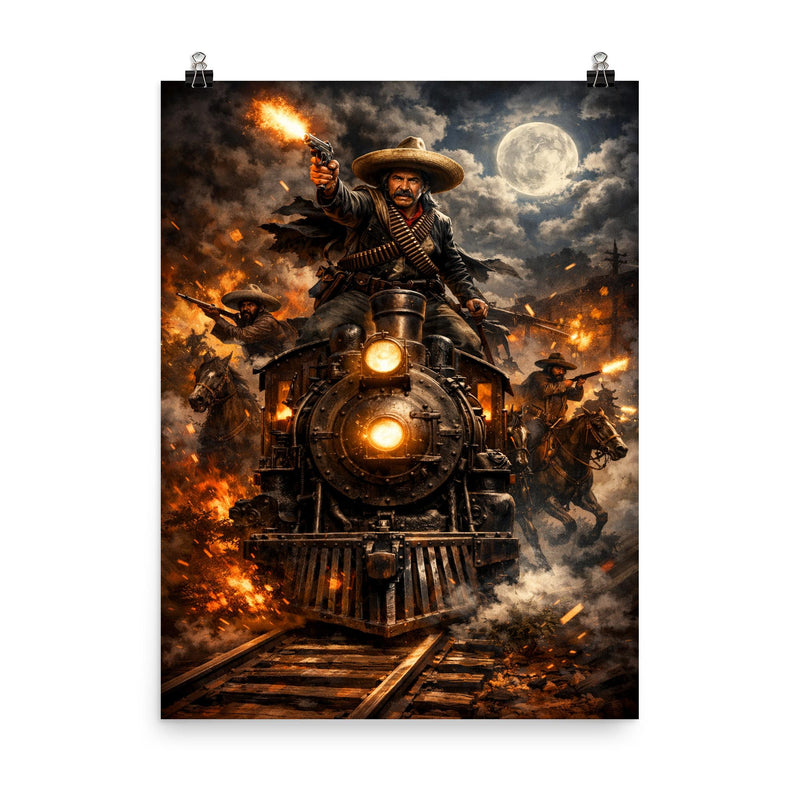 Pancho Villa night raid by locomotive poster on a plain backdrop in size 8