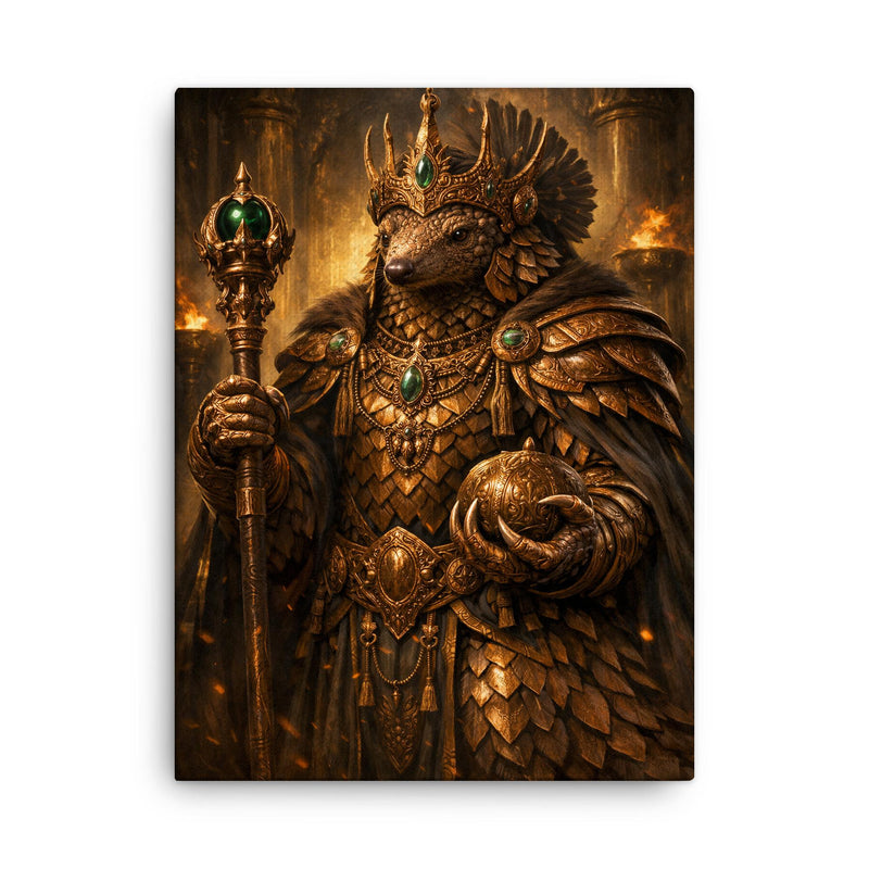 Pangolin emperor with bronze ceremonial regalia canvas print on a plain backdrop in size 18
