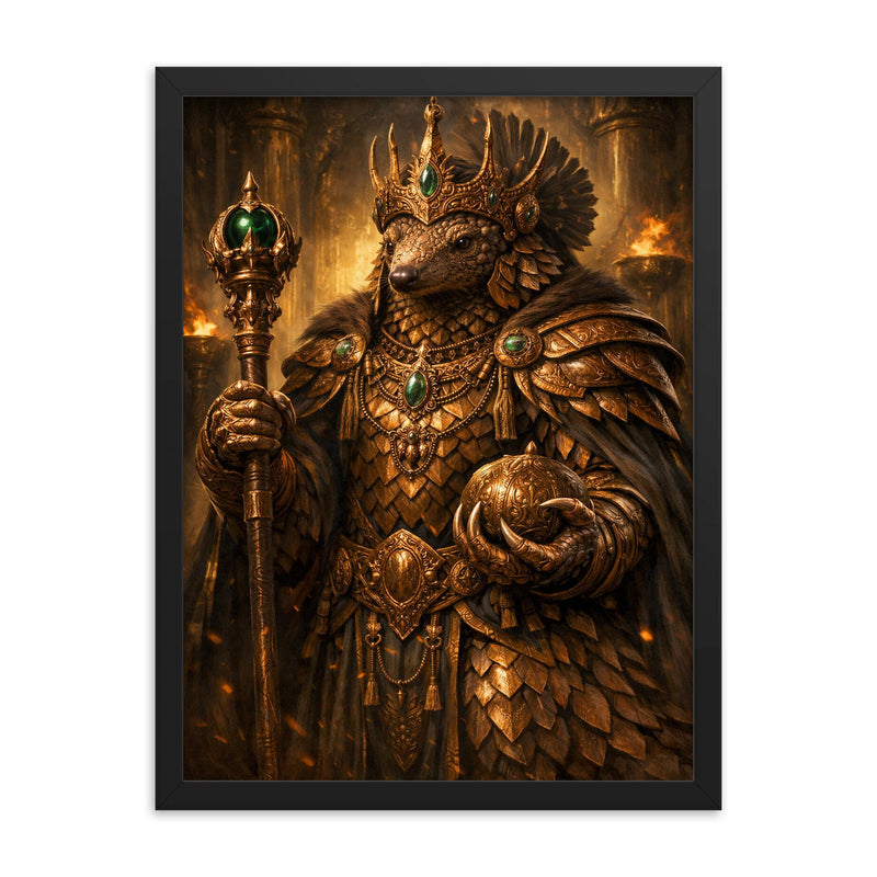 Pangolin emperor with bronze ceremonial regalia framed print on a plain backdrop in size 18