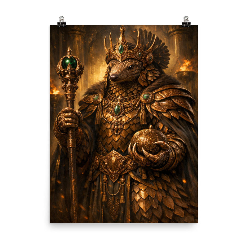 Pangolin emperor with bronze ceremonial regalia poster on a plain backdrop in size 8