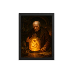Paracelsus алхchemical laboratory with glowing homunculus jar framed print on a plain backdrop in size 12"x16".