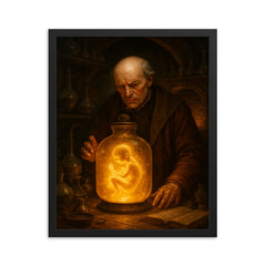 Paracelsus алхchemical laboratory with glowing homunculus jar framed print on a plain backdrop in size 16"x20".