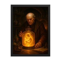 Paracelsus алхchemical laboratory with glowing homunculus jar framed print on a plain backdrop in size 18"x24".