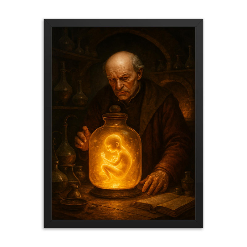 Paracelsus алхchemical laboratory with glowing homunculus jar framed print on a plain backdrop in size 18