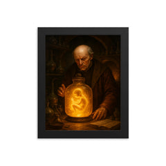 Paracelsus алхchemical laboratory with glowing homunculus jar framed print on a plain backdrop in size 8"x10".