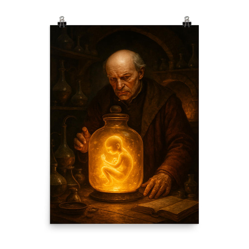 Paracelsus алхchemical laboratory with glowing homunculus jar poster on a plain backdrop in size 8
