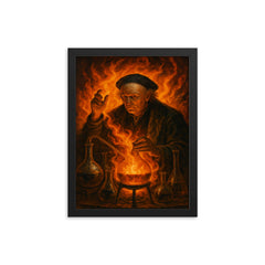 Paracelsus amid alchemical flames and glassware framed print on a plain backdrop in size 12"x16".