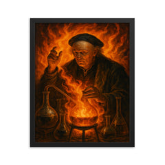 Paracelsus amid alchemical flames and glassware framed print on a plain backdrop in size 16"x20".