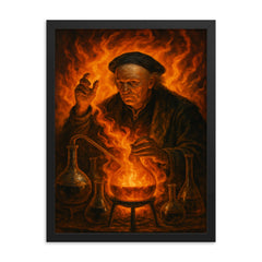 Paracelsus amid alchemical flames and glassware framed print on a plain backdrop in size 18"x24".