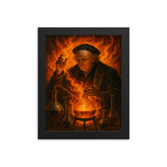 Paracelsus amid alchemical flames and glassware framed print on a plain backdrop in size 8"x10".
