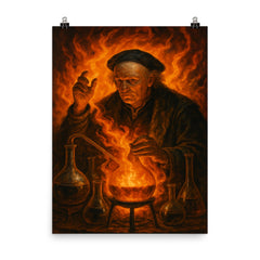 Paracelsus amid alchemical flames and glassware poster on a plain backdrop in size 8"x10".