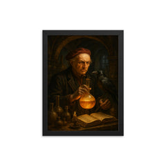 Paracelsus in alchemical laboratory with raven framed print on a plain backdrop in size 12"x16".