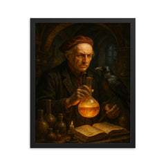 Paracelsus in alchemical laboratory with raven framed print on a plain backdrop in size 16"x20".