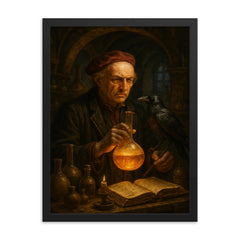 Paracelsus in alchemical laboratory with raven framed print on a plain backdrop in size 18"x24".