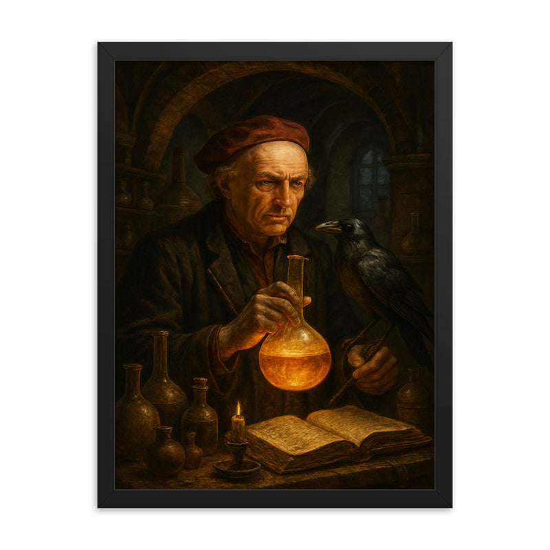 Paracelsus in alchemical laboratory with raven framed print on a plain backdrop in size 18